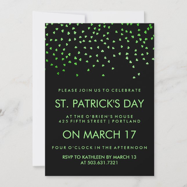 Green Shamrock Confetti on Black St Patrick's Day Invitation (Front)