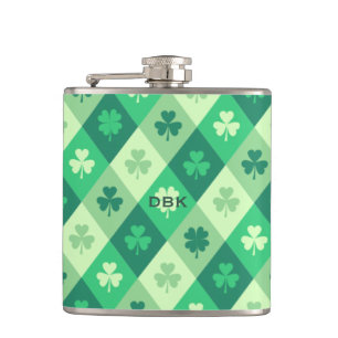 Green Shamrock Custom Monogram St. Patricks Day Hip Flask