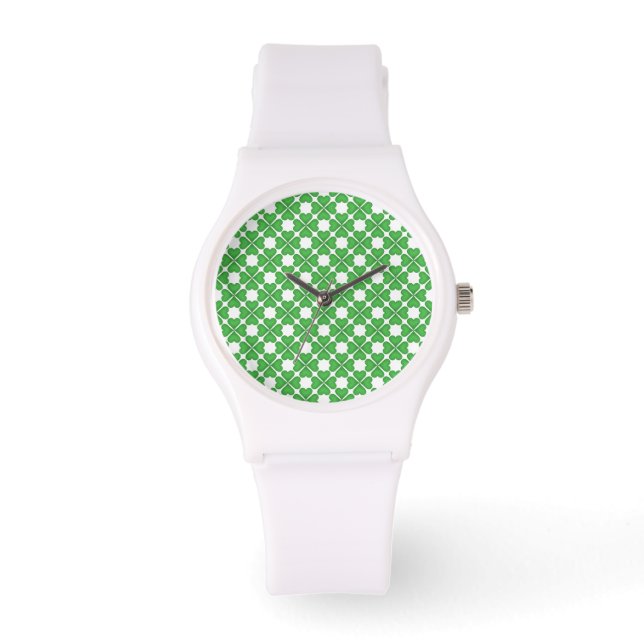Green Shamrock Four leaf Clover Hearts pattern Watch (Front)