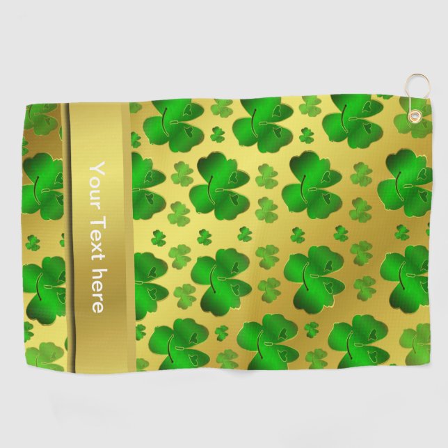 green, shamrock, gold, shiny, text, santa petricks golf towel (Horizontal)