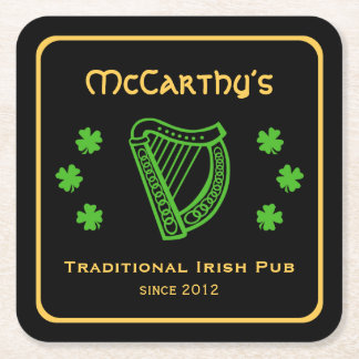 Green shamrock harp custom family name Irish pub B Square Paper Coaster