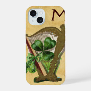 GREEN SHAMROCK HARP PARCHMENT MONOGRAM iPhone 15 CASE