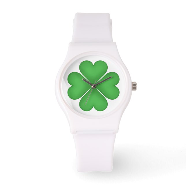 Green Shamrock Heart Shaped Lucky Four leaf Clover Watch (Front)