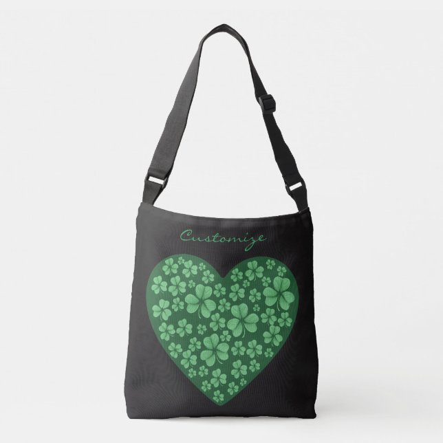 green Shamrock heart St Patrick's Day black Crossbody Bag (Front)