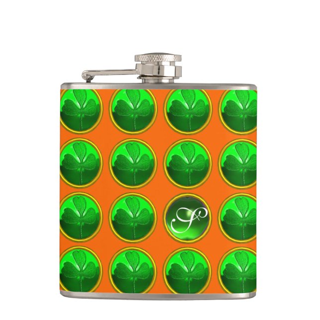 GREEN SHAMROCK JEWEL Saint Patrick's Day Monogram Hip Flask (Front)