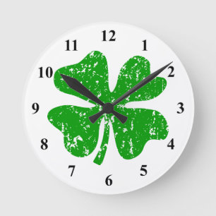 Green shamrock lucky four leaf clover wall clock