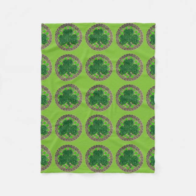 Green Shamrock On Celtic Knots Fleece Blanket (Front)