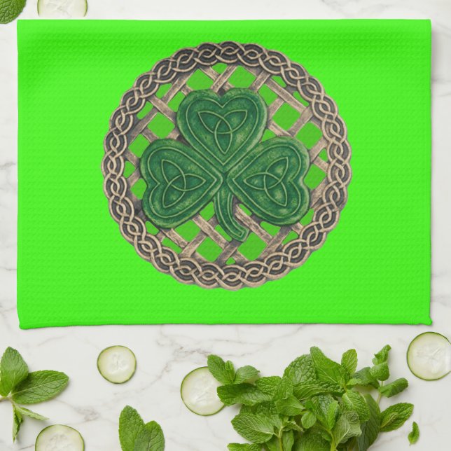 Green Shamrock On Celtic Knots Kitchen Towel (Folded)