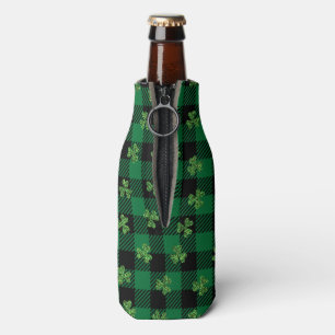 Green Shamrock Pattern on Chequered Background Bottle Cooler