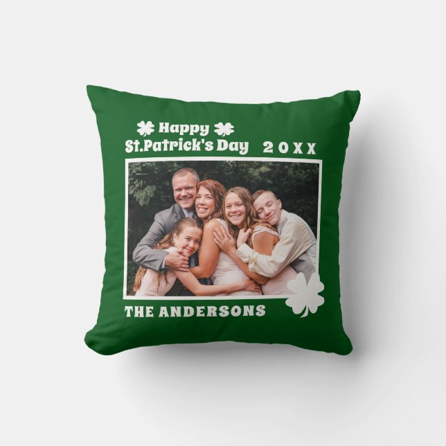 Green Shamrock Personalised Photo Throw Pillow (Front)