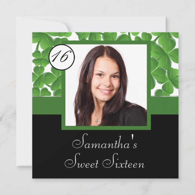 Green shamrock photo sweet sixteen invitation (Front)