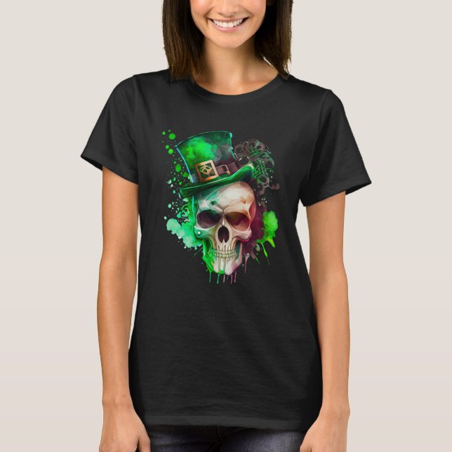 Green Shamrock Skull Irish Ireland St Patricks Day T-Shirt (Front)