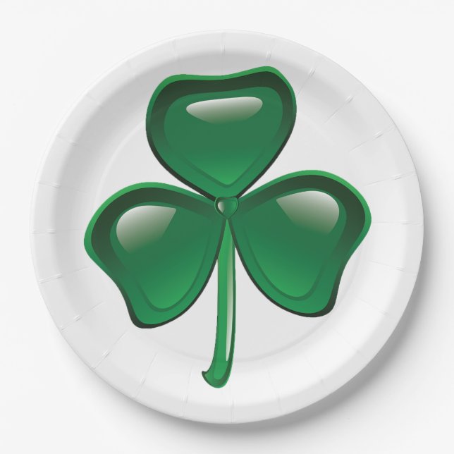 Green Shamrock Three-Leaf Clover Paper Plate (Front)