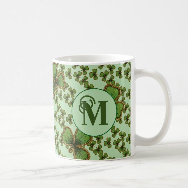 Green Shamrock Vintage Style Clovers Irish Coffee Mug (Right)