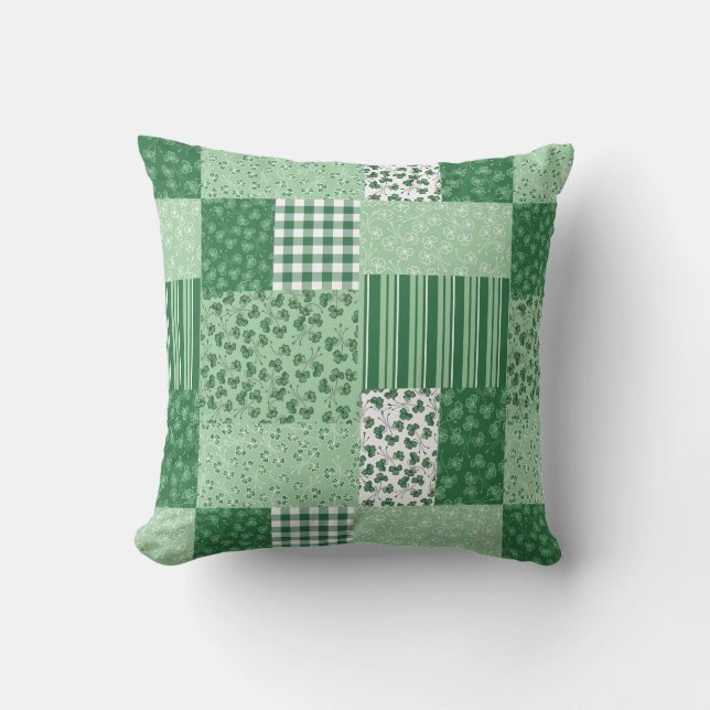 Green Shamrocks Faux Patchwork Pattern Pillow (Front)