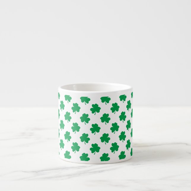 Green Shamrocks on White St.Patrick’s Day Clover Espresso Cup (Front)