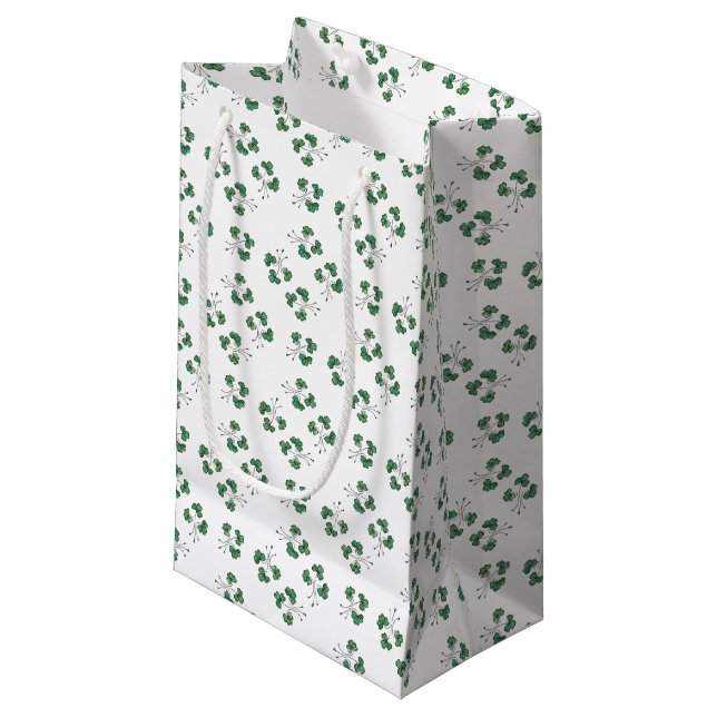 Green Shamrocks Pattern on White Small Gift Bag (Front Angled)