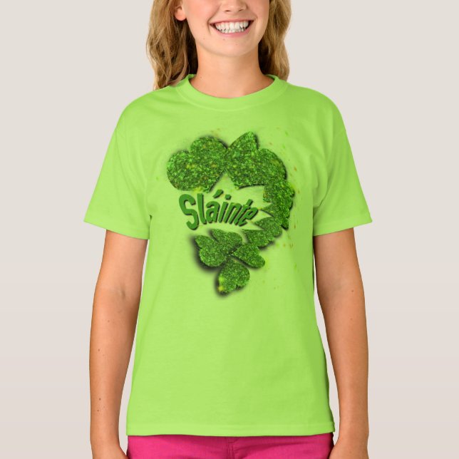 Green Shamrocks sparkling glitter hearts Shainte T-Shirt (Front)