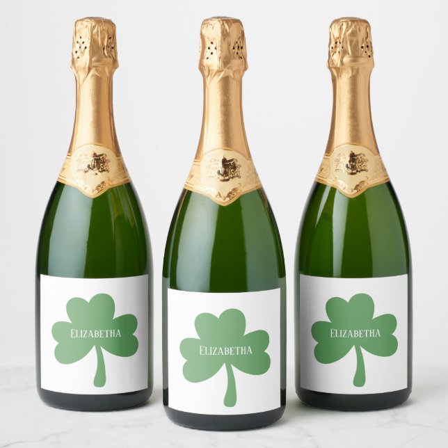 Green Shamrocks St. Patrick's Day Custom Name Sparkling Wine Label (Bottles)