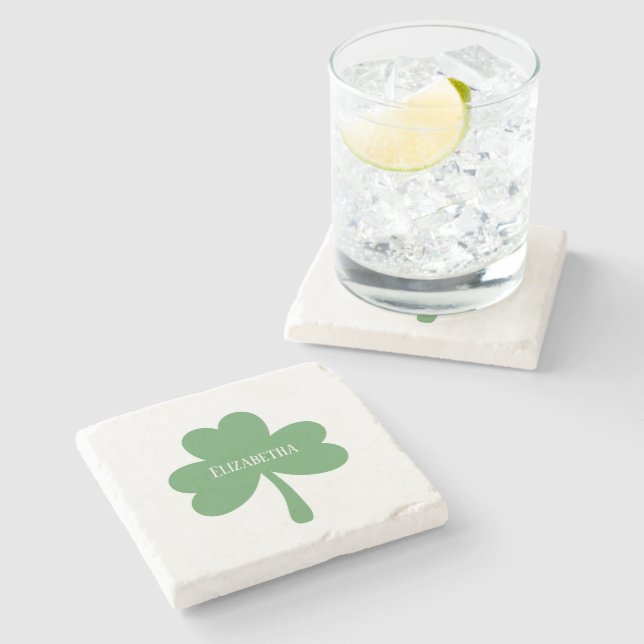 Green Shamrocks St. Patrick's Day Custom Name Stone Coaster (Side)