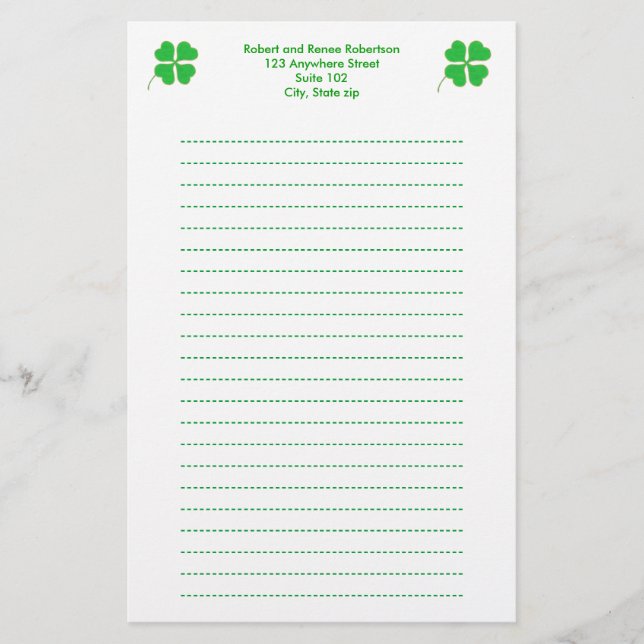 Green Shamrocks trimmed in gold, Lined stationery (Front)