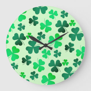 Green Shamrok Clover Pattern Large Clock