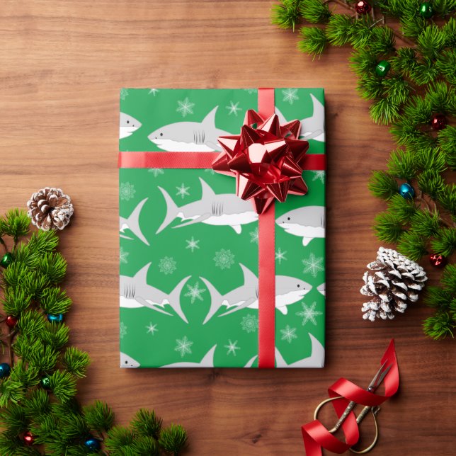 Green Shark and Snowflake Christmas Design Wrapping Paper (Holiday Gift)