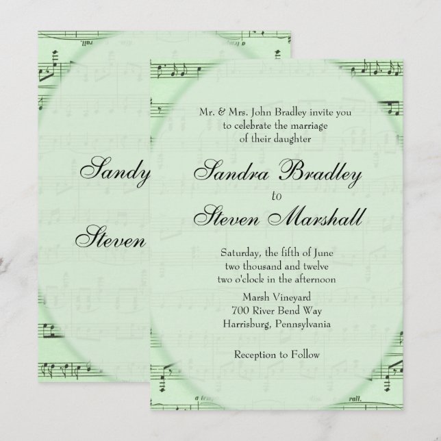 Green Sheet Music Theme Wedding Invitation (Front/Back)