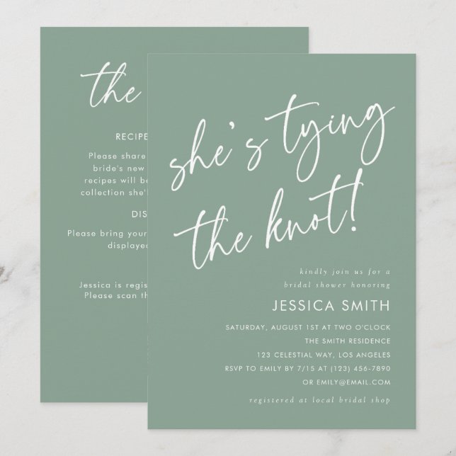 Green She's Tying the Knot QR Code Bridal Shower Invitation (Front/Back)