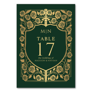 Green Shield Mediaeval Fantasy Monogram Wedding Table Number