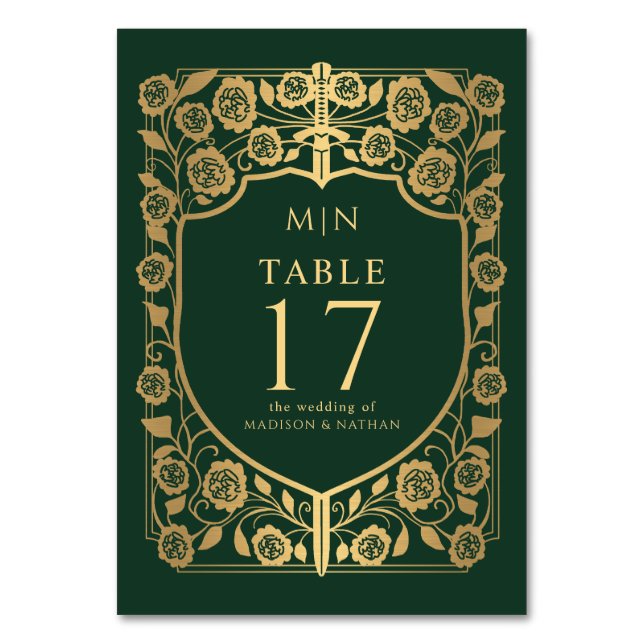 Green Shield Mediaeval Fantasy Monogram Wedding  Table Number (Front)
