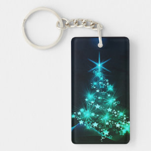 Green Shine of Stars on Christmas Tree Dark Key Ring