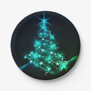 Green Shine of Stars on Christmas Tree Dark Paper Plate