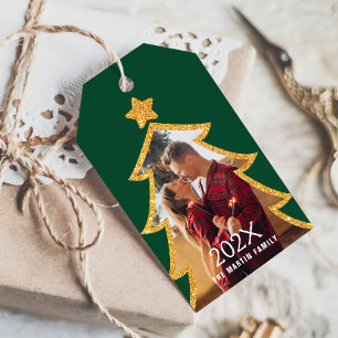 Green Shiny Christmas Tree Personalized Photo Gift Tags