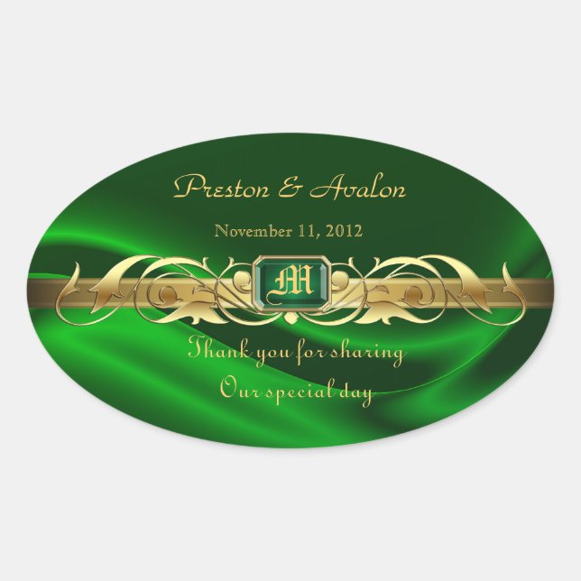 Green Silk Gold Scroll Oval Wedding Wine Sticker (Front)