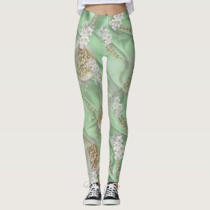 Green Silk & Ivory Champaign Pearls Leggings