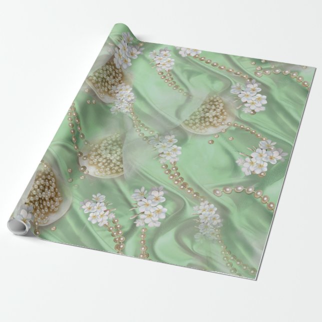 Green Silk & Ivory Champaign Pearls Wrapping Paper (Unrolled)