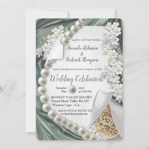 Green silk & Ivory Pearls Wedding Invitation