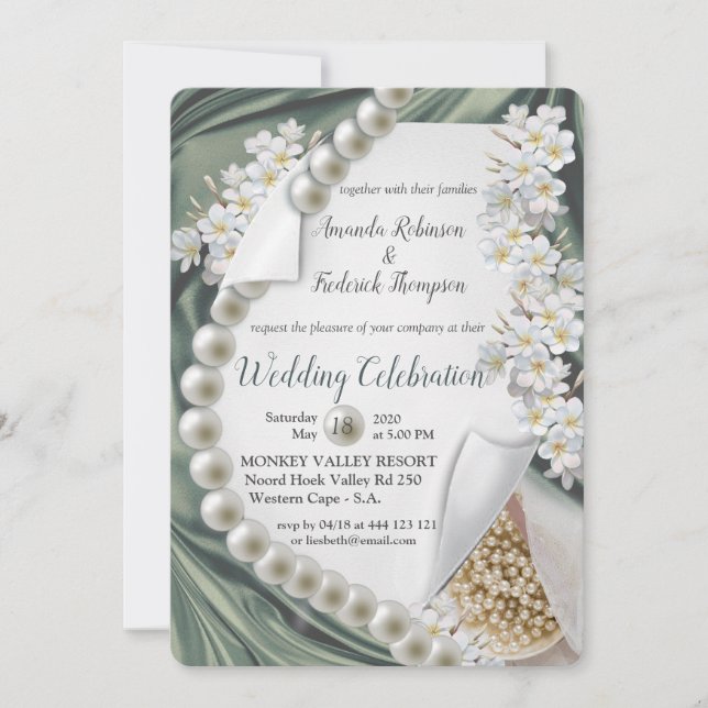 Green silk  & Ivory Pearls Wedding Invitation (Front)