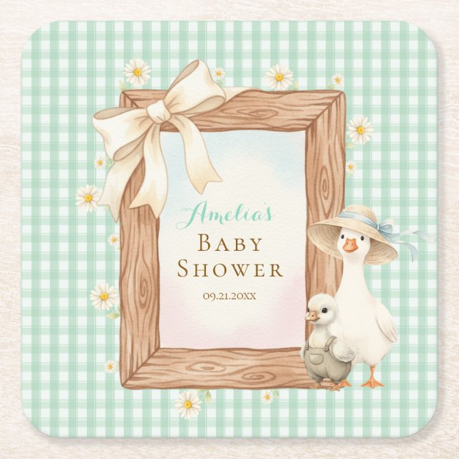 Green Silly Goose Baby Shower Paper Coaster (Front)