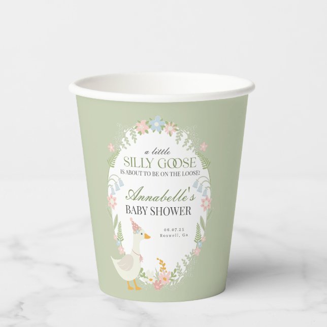 Green Silly Goose Floral Gingham Baby Shower Favou Paper Cups (Front)