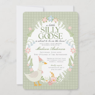 Green Silly Goose Floral Gingham Baby Shower Invitation