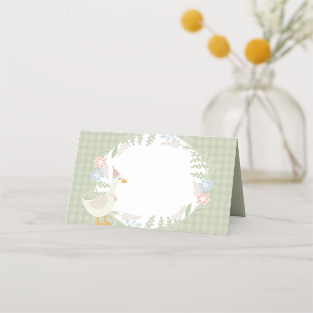 Green Silly Goose Floral Gingham Baby Shower Place Card (Front)