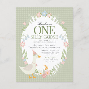 Green Silly Goose Floral Gingham First Birthday Postcard