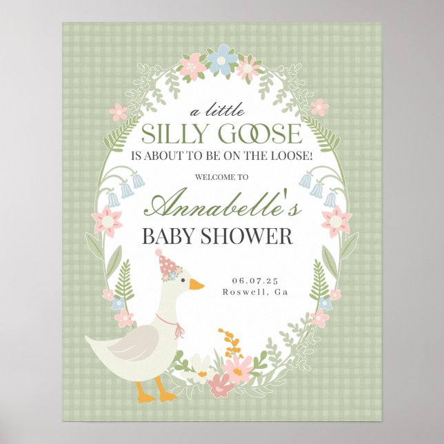 Green Silly Goose Gingham Baby Shower Welcome Sign (Front)