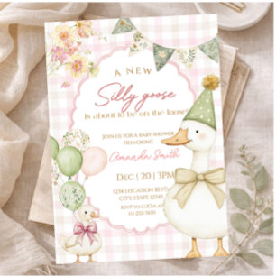 Green Silly Goose Pink Gingham Baby shower  Invitation