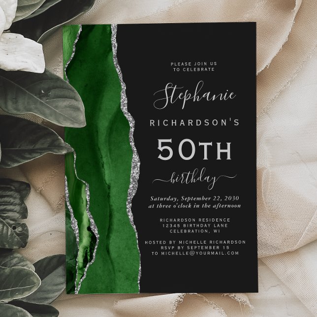 Green Silver Agate Dark 50th Birthday Party Invitation (Creator Uploaded)