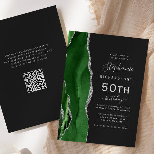 Green Silver Agate QR Code 50th Birthday Invitation