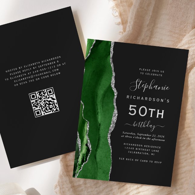 Green Silver Agate QR Code 50th Birthday Invitation (Creator Uploaded)