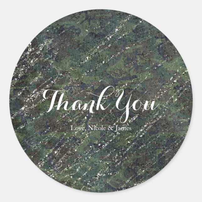 Green & Silver Army Camo Sparkle Elegant Party Classic Round Sticker (Front)